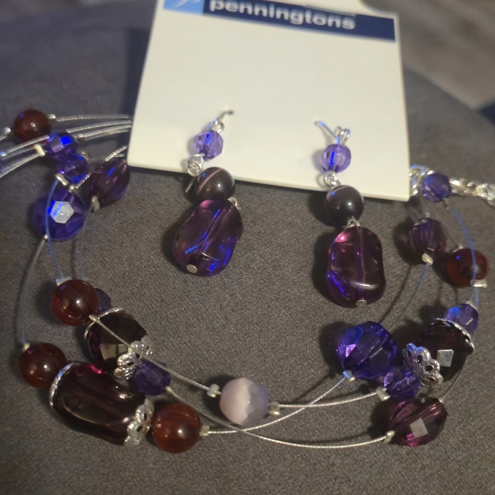 Penningtons Purple Multi-Strand Illusion Necklace & Dangle Earrings Jewelry Set - Picture 5 of 12